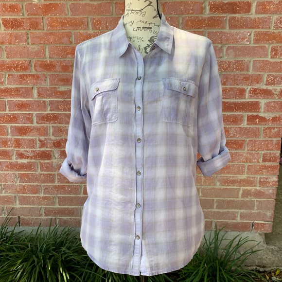 Eddie Bauer Tops - Eddie Bauer Plaid Button Down Top Roll Tab Sleeve Purple size large